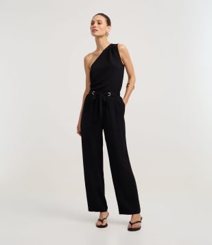 Calça Reta Cintura Alta com Amarração na Cintura Preto
