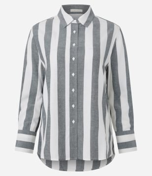 Camisa Manga Longa em Viscolinho com Estampa Listrada Branco e Cinza