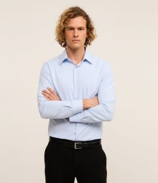 Camisa Regular com Textura Canelada Azul
