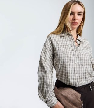 Camisa Slim Xadrez Lavado em Tricoline Bege