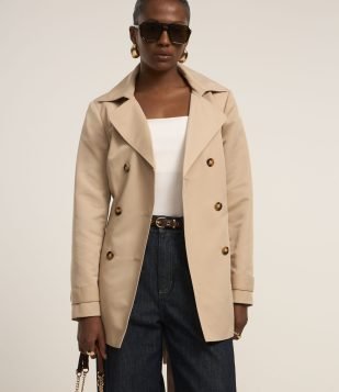 Casaco Trench Coat Alfaiatado com Detalhes Acetinados Bege