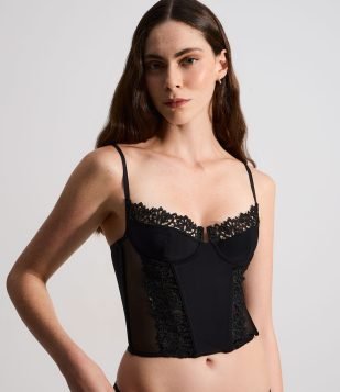 Corset Meia Taça sem Bojo com Recortes em Tule e Renda Preto
