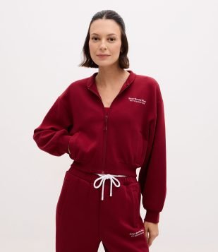 Jaqueta Bomber Esportiva em Microfibra com Lettering Bordado Vinho