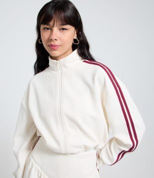 Jaqueta Boxy em Malha Waffle com Listras Laterais Off White