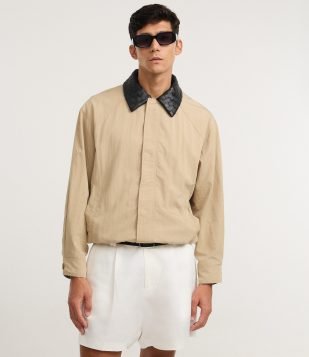 Jaqueta Oversized em Sarja com Gola em PU Tressê Bege