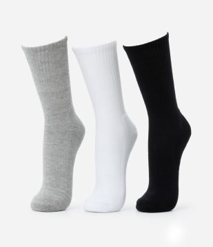 Kit 3 Meias Cano Alto em Algodão Atoalhado Branco, Cinza e Preto
