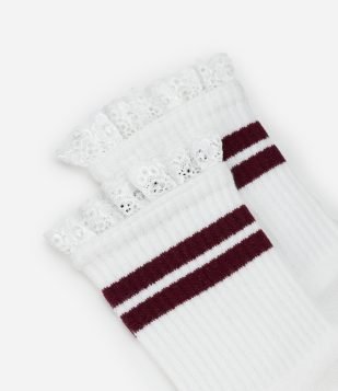 Meia Cano Médio Individual em Algodão com Listras e Babado Branco