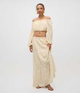 Saia Longa em Jacquard Floral com Babados Bege