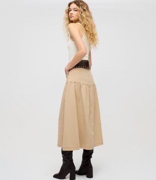 Saia Midi em Sarja com Recorte e Franzido Bege