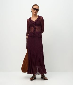 Saia New Midi em Renda Floral Vermelho