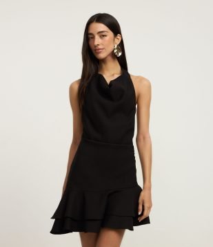 Vestido Evasê Curto com Babados Assimétricos e Alfaiatado Cinza