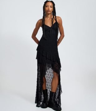 Vestido New Midi com Renda Texturizada e Alças Finas Preto