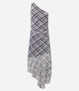 Vestido Ombro Único Assimétrico em Tule Xadrez Cinza