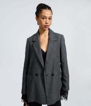 Blazer Alongado em Polivelour Xadrez com Botões Cinza