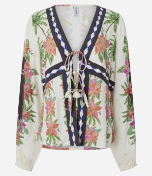 Blusa Bata em Viscose com Estampa Floral e Amarração Off White