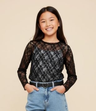 Blusa Infantil em Tule Rendado - Tam 7 a 14 Anos Preto