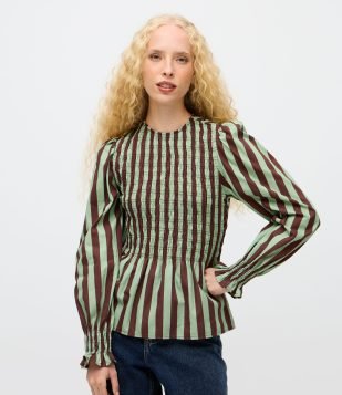 Blusa Listrada em Tricoline com Lastex e Mangas Bufantes Verde e Marrom