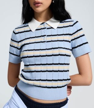 Blusa Listrado em Tricô com Gola Polo Azul