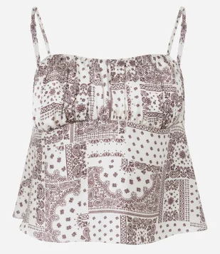 Blusa em Cetim com Alça Fina e Estampa Abstrata Bege e Rosa