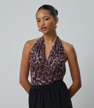 Body Frente Única em Tule Animal Print Marrom