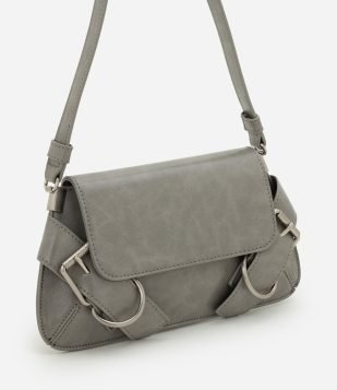 Bolsa Baguete Pequena em PU com Fivelas Decorativas Cinza