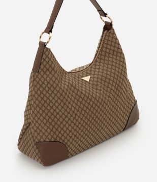Bolsa Hobo Grande em PU com Textura Geométrica Marrom