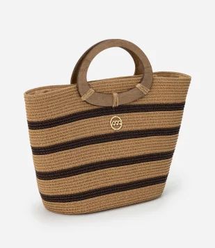 Bolsa de Praia Pequena em Palha com Estampa Listrada Bege