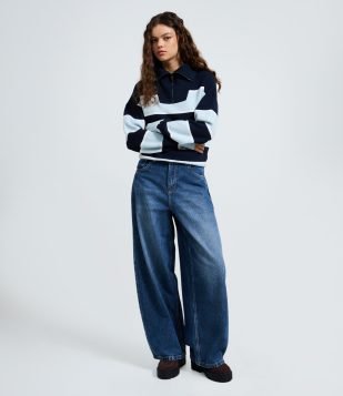 Calça Barrel Em Jeans Com Cintura Alta Azul