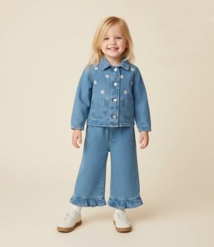 Calça Infantil Wide em Jeans com Babados na Barra - Tam 1 a 5 Anos Azul