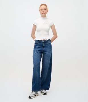 Calça Wide Leg em Jeans com Cintura Baixa Azul Médio