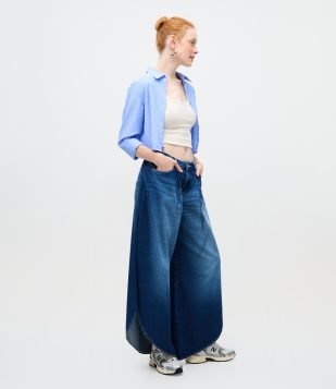 Calça Wide Leg em Jeans com Cintura Baixa Destroyed Azul Marinho