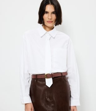 Camisa Alongada em Algodão com Gravata Branco