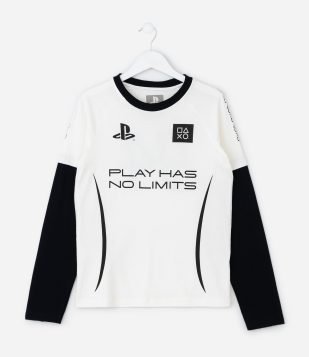 Camiseta Infantil Playstation com Manga Sobreposta – Tam 5 a 14 Anos Branco e Preto