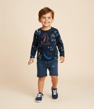 Camiseta Infantil com Estampa de Dinossauros – Tam 1 a 6 Anos Azul Marinho