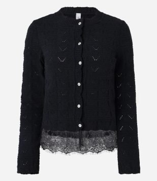 Casaco Feminino Tricô Leve Ponto Aberto com Renda Preto