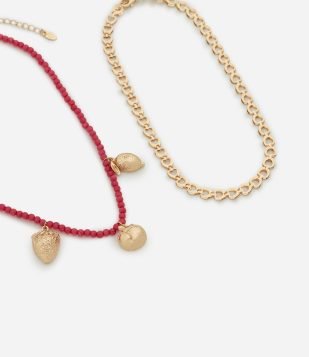 Colar Camadas com Miçangas e Pingente de Frutas Dourado e Rosa