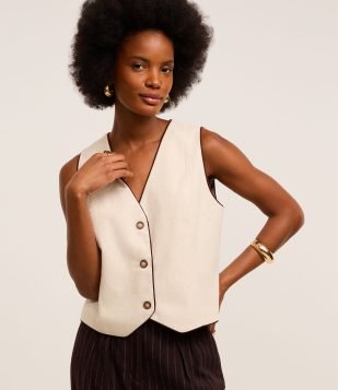 Colete em Viscose e Linho com Vieses Contrastantes Bege
