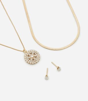 Conjunto Colar Duas Camadas e Brinco Ponto de Luz em Zircônia Dourado