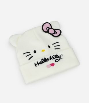 Gorro Infantil em Efeito Tricô com Estampa Hello Kitty e Orelhas 3D – Tam U Off White
