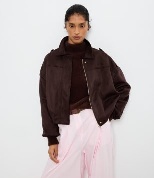 Jaqueta Bomber Suede Com Gola Clássica Marrom