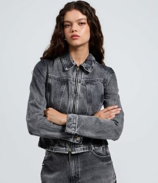 Jaqueta Jeans Acinturada com Lavagem Estonada Cinza