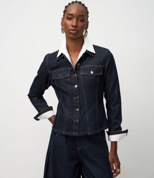 Jaqueta Jeans com Recortes Acinturados Azul Escuro