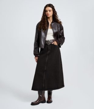 Saia Midi em Jeans com Cintura Média Marrom Escuro