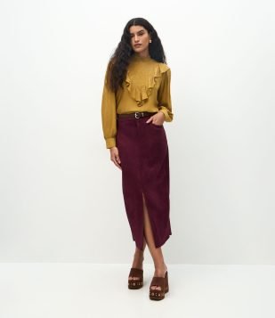 Saia Midi em Suede com Bolsos Vinho