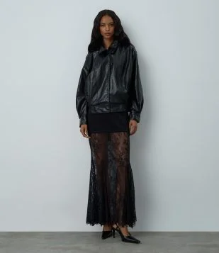 Saia New Midi em Ponto Roma com Renda Floral Preto