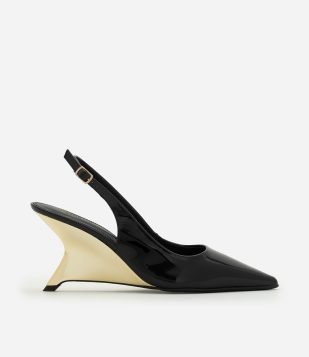 Sapato Slingback em PU com Salto Anabela Cromado Preto