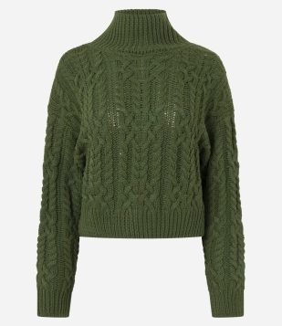 Suéter Curto em Tricô com Gola Alta Verde