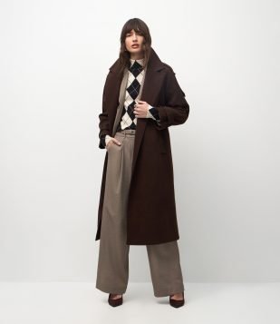 Trench Coat em Polyvelour com Faixa para Amarração Marrom