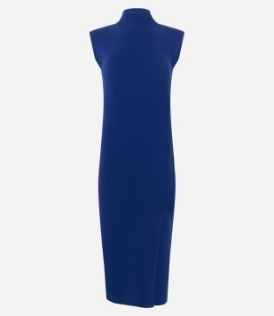 Vestido Midi em Tricô com Ombreira e Fenda Lateral Azul