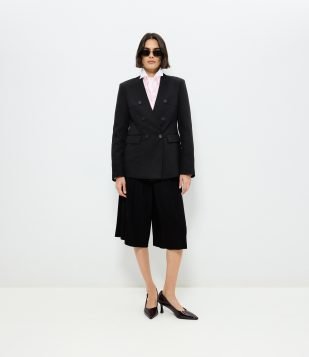 Blazer Transpassado de Alfaiataria com Bolsos Lapela Preto